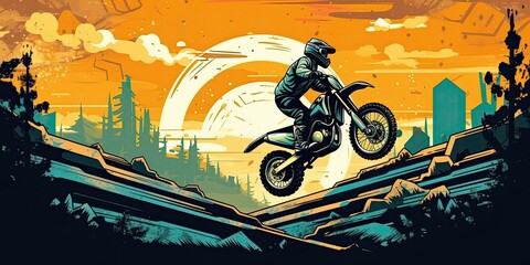 motorcycle racer makes the jump. supercross ENDURO motocross high speed. sports concept. digital art. comic book style  AI