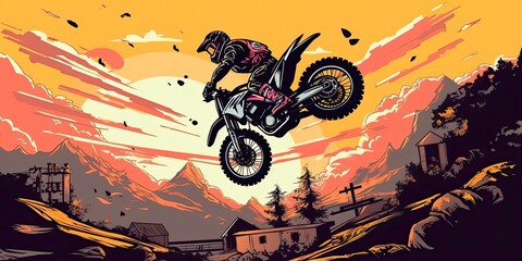 motorcycle racer makes the jump. supercross ENDURO motocross high speed. sports concept. digital art. comic book style  AI