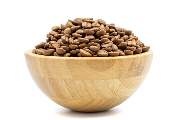 Coffee bean isolated on white background. Coffee bean in wooden bowl