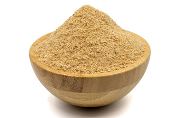 Breadcrumbs isolated on white background. Breadcrumbs flour in wooden bowl