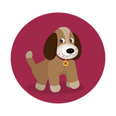 A cute beige dog toy witn a collar and a tag . Vector flat illustration on crimson red background. For icon, sticker, card