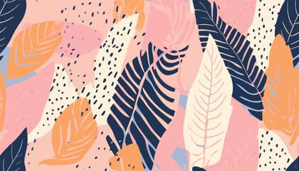Modern abstract hand drawn leaves collage pattern. Bright beautiful print. Fashionable template for design.