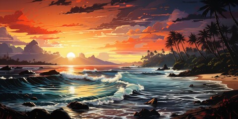Fototapeta na wymiar Sunset over the sea. Anime landscape. Beach Art. AI generated.