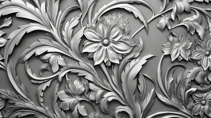 Floral wallpaper design featuring a gray color palette with a silver metallic pattern showcasing an elegant and sophisticated combination of floral elements and a textured silver finish. Generative Ai