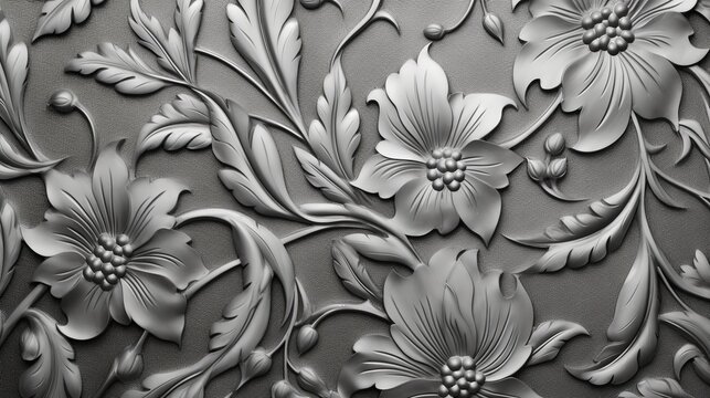 Floral wallpaper design featuring a gray color palette with a silver metallic pattern showcasing an elegant and sophisticated combination of floral elements and a textured silver finish. Generative Ai