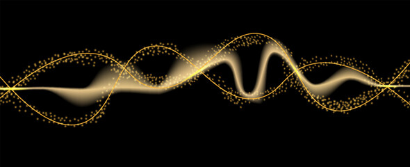 Abstract flowing wavy lines. Shiny golden dynamic waves. Vector design element for music, party, technology, modern concept.