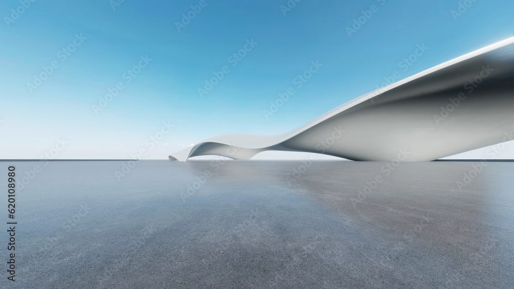 Poster 3d render of abstract futuristic architecture with empty concrete floor. Scene for car presentation.