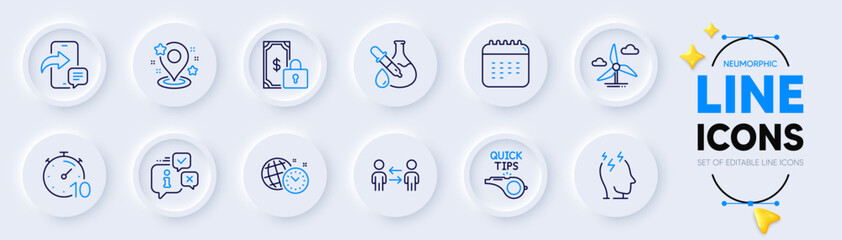 Chemistry experiment, Info and Pin line icons for web app. Pack of Private payment, Teamwork business, Tutorials pictogram icons. Time management, Phone message, Calendar signs. Stress. Vector
