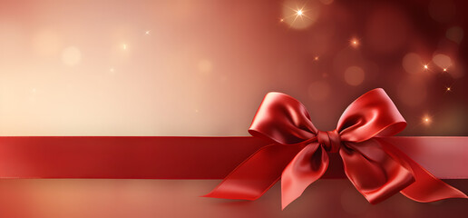 Silky red ribbon bow on red background. (AI generative)