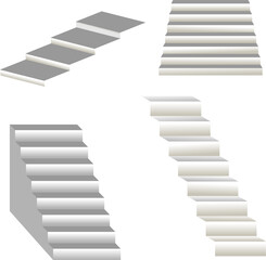 White stairs, 3d interior staircases isolated on white. Vector steps collection. Staircase for interior illustration isolated on white background.