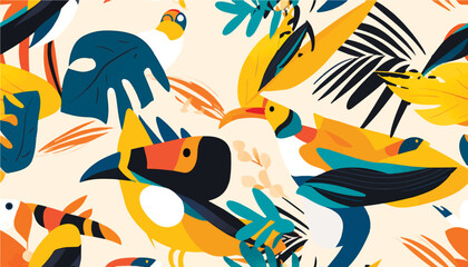 Modern abstract tropical pattern with toucan bird. Collage contemporary seamless pattern. Hand drawn cartoon style pattern. © Eli Berr