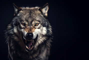 Angry grey wolf portrait on black with copy-space - obrazy, fototapety, plakaty