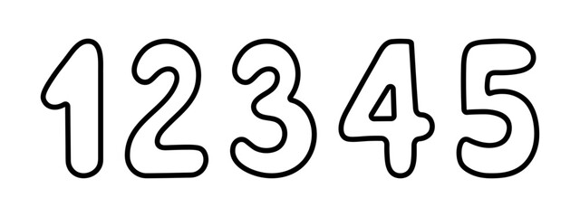 Numbers from 1,2,3,4,5. Arabic number symbols with rounded corners. Sketch. Vector illustration. Doodle style. Coloring book. Counting training. Outlines on an isolated background. Idea for web design