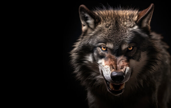 Angry grey wolf portrait on black with copy-space