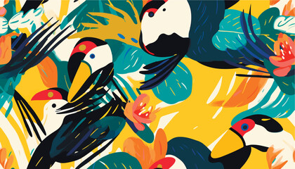 Modern abstract tropical pattern with toucan bird. Collage contemporary seamless pattern. Hand drawn cartoon style pattern.