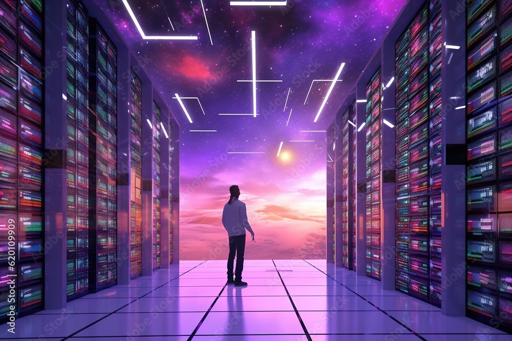 Wall mural man standing around large computer data center. created with generative ai technology.