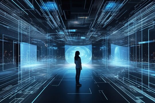 Man standing around large computer data center. Created with Generative Ai technology.
