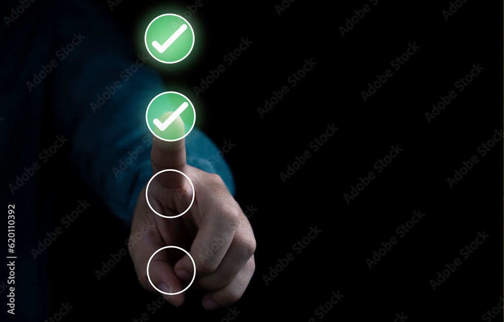 Poster Businessman touching to tick correct sign mark in checkbox for quality document control checklist and business approve project concept.