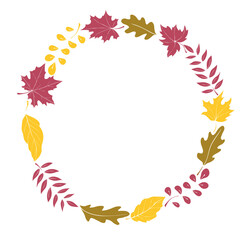 Wreath of color autumn leaves. Round colorful frame, border hand drawn in flat style. Theme is forest, nature, happy fall, thanksgiving