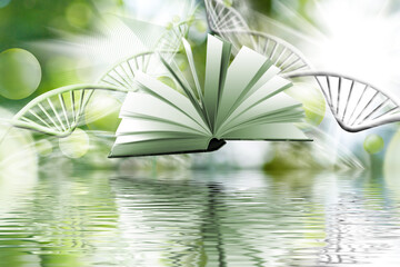 open book above the surface of the water against the background of stylized models of DNA chains