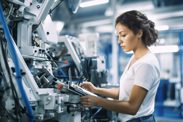 Woman working intently on a complicated industry 4.0 robot plant in technology factory - Generative AI