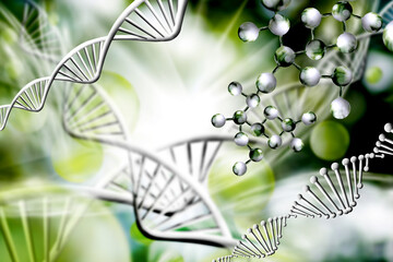 image of stylized models of DNA chains on a blurred green background
