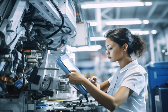 Woman working intently on a complicated industry 4.0 robot plant in technology factory - Generative AI