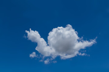 Naklejka na ściany i meble Fresh blue sky with floated white soft and fluffy clouds shown shaping like a snail creep or crawling. Background for kid education or imagination learning for children. Image of the animal cloud.
