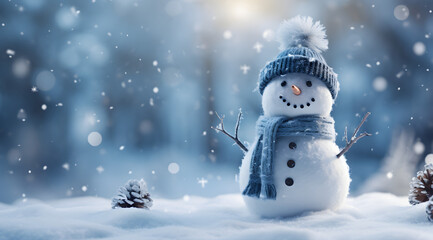 Snowman with blue scarf and hat on snowy backdrop. Whimsical and charming. (AI generative)