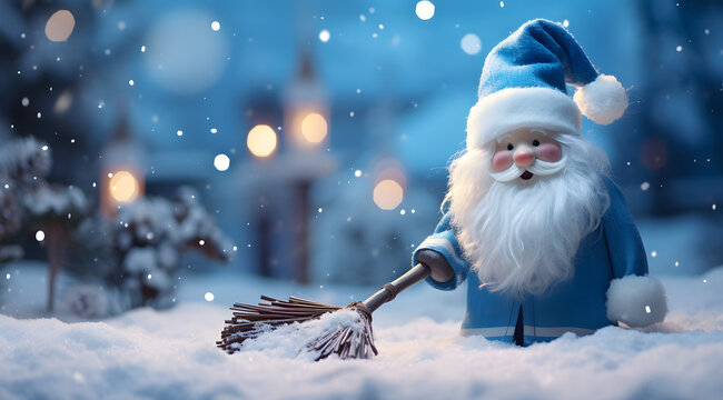 Santa knome with blue scarf and hat on snowy backdrop. Whimsical and charming. (AI generative)