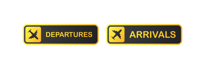Departures and arrivals. Flat, color, air travel, air travel signs at the airport. Vector icons.