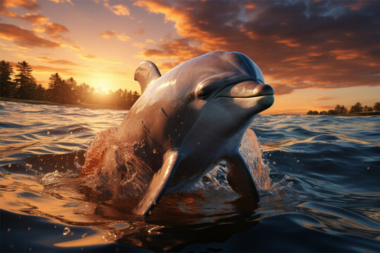 Dolphin jumping out of the water at sunset. 3d render