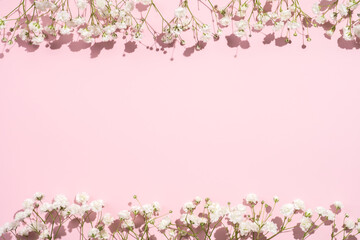 Obraz na płótnie Canvas Baby's breath gypsophila frame border on pink background with shadow. Top view close flatlay