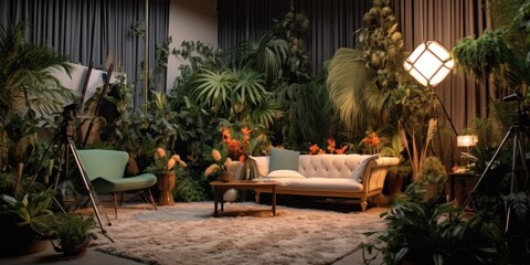Fototapeta na wymiar Beautiful and harmonious home studio interior filled with plants