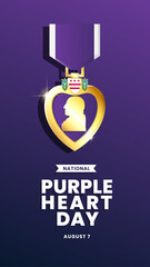 Purple Heart Day Wallpaper Banner Social Media Post Design Template, with Golden Purple Heart Medal. Suitable to place on content with that theme. Vector file every object is separated