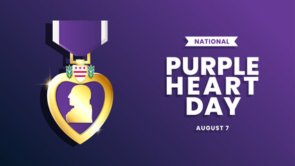 Purple Heart Day Wallpaper Banner Social Media Post Design Template, with Golden Purple Heart Medal. Suitable to place on content with that theme. Vector file every object is separated