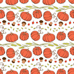Vector seamless pattern of autumn harvest symbols: pumpkins, wheat ears, berries, mushrooms in flat doodle style. Colorful background, texture. Theme: forest, happy autumn, Thanksgiving