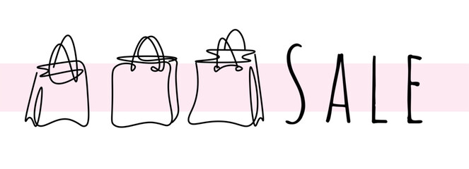 Shopping cart, one line outline illustration. Shop promotion, surprises and gifts for the day of shopping. Illustration for discount sale.