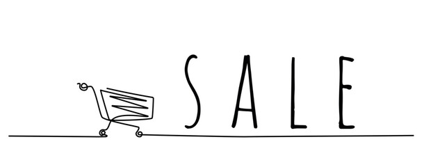 Shopping cart, one line outline illustration. Shop promotion, surprises and gifts for the day of shopping. Illustration for discount sale.