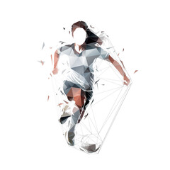 Female soccer player running with ball, woman playing football, isolated low polygonal vector illustration, geometric drawing from triangles