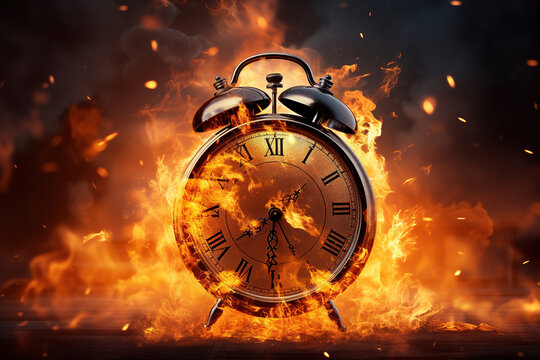 alarm clock on fire over black background