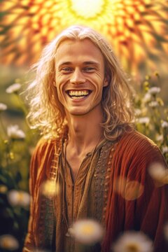 A Baldur, norse scandinavian pagan god, with long hair and a beard, smiling. Generative AI image.