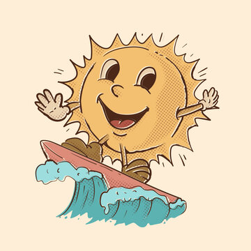 surfing sun mascot . tropical vibes. sun vintage mascot vector illustration