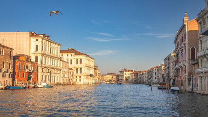 The Grand Canal with historic buildings in Venice at a beautiful sunny morning, Italy, Europe.