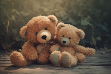 Two teddy bears share a heartfelt hug amidst the serene morning in a bamboo forest. Generative AI.