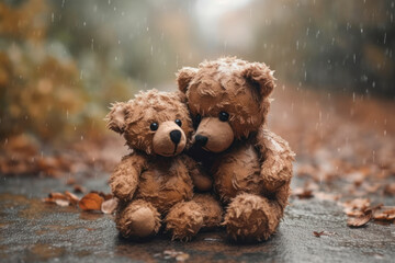 Two teddy bears share a heartfelt hug amidst the serene morning in a bamboo forest. Generative AI.