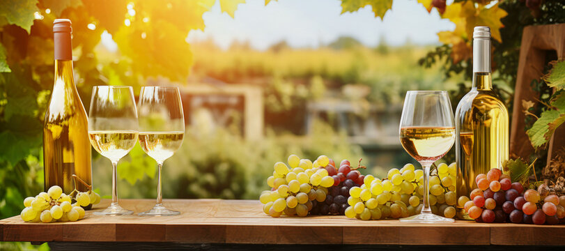 Weißweinflaschen und Weingläser auf einem Tisch mit Weintrauben, mit Freiraum für Text oder Produktpräsentation. Im Hintergrund ein Weinanbaugebiet. Panorama Banner Format.