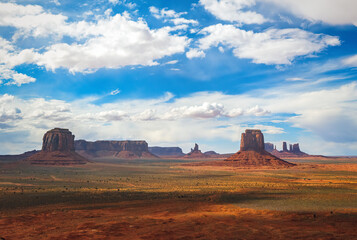 Monument Valley. Navajo Tribal Park. Red rocks and mountains. Located on the Arizona–Utah border. USA.