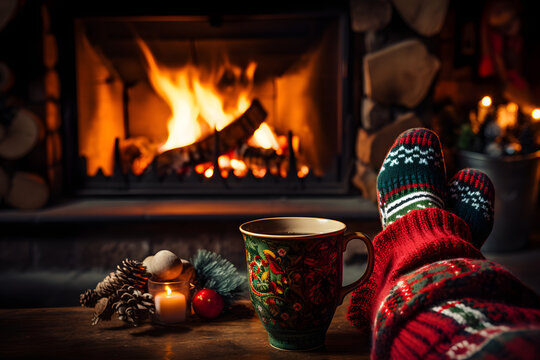 Feet By The Fire, Christmas Mug On The Table. Cozy And Festive Vibes. (AI Generative)