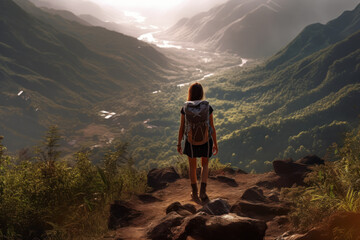 Fototapeta premium Captivating photo capturing a girl hiking in the serene morning mountains. Generative AI.